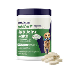 YuMOVE hip and joint bottle close-up highlighting easy daily dosing for dogs.