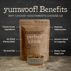 Yumwoof air-dried kibble texture preserves nutrients for convenience.