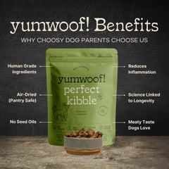 Yumwoof Perfect Kibble air-dried chicken kibble close-up with nutrient-rich texture for easy feeding.