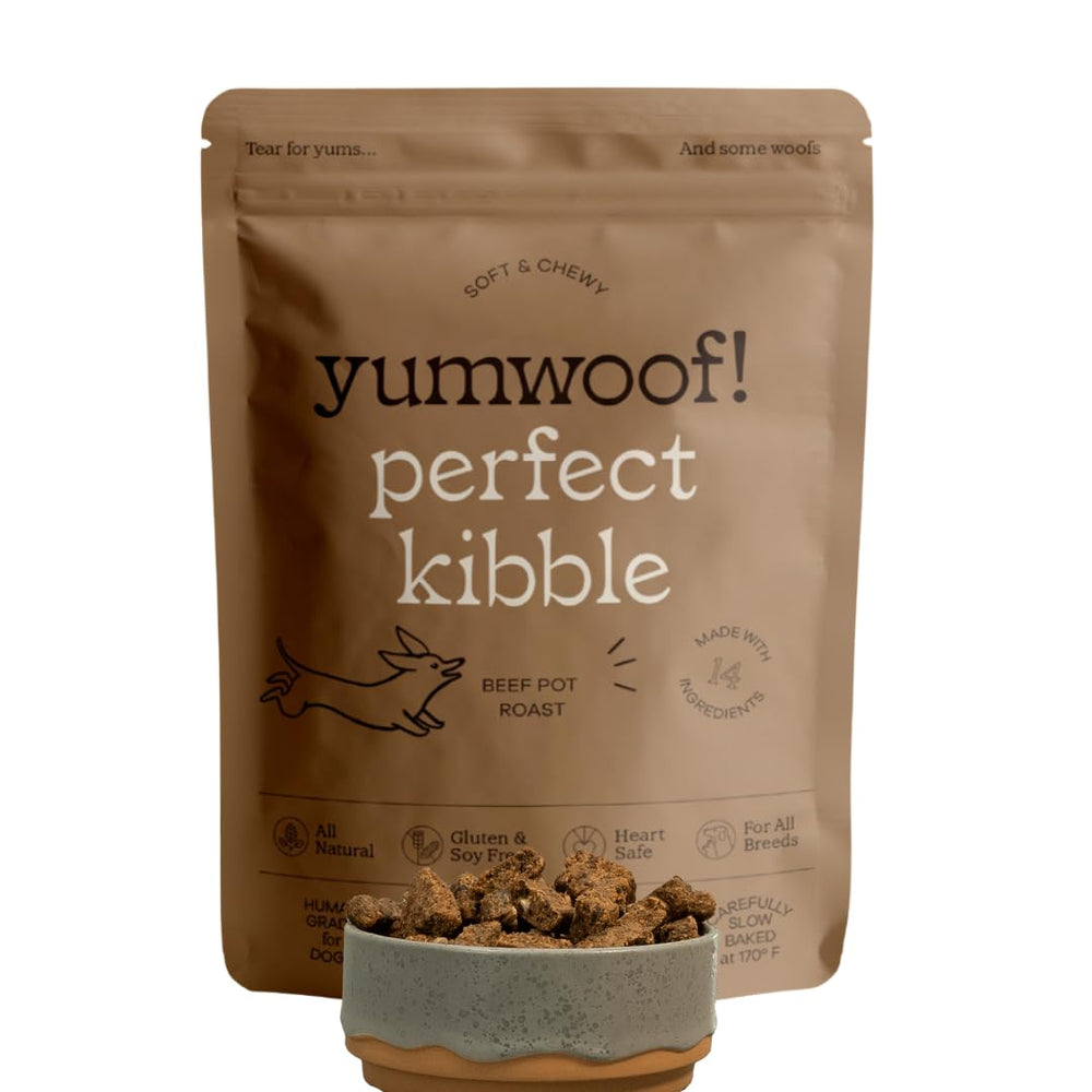 Yumwoof Perfect Kibble beef pieces in bag; convenient daily feeding.