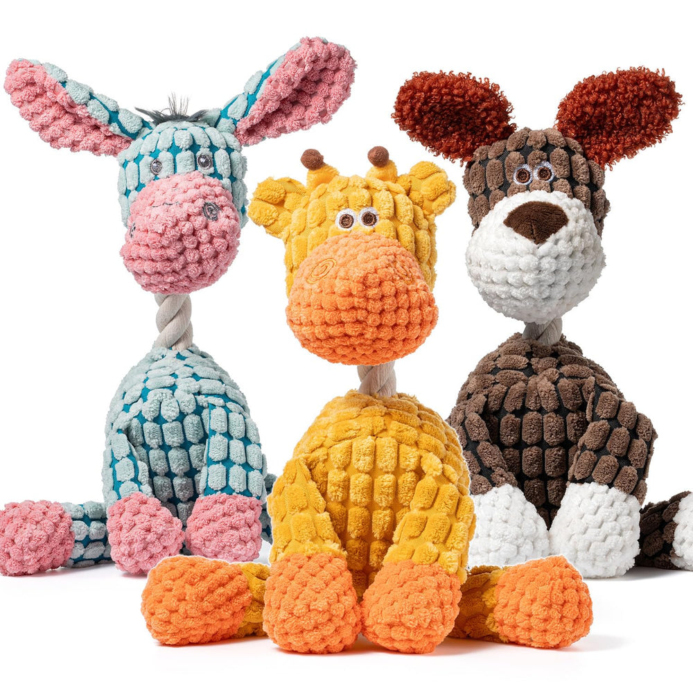 Zagrine donkey plush dog toy with squeaker for interactive play and fetch.