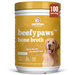 Zammex Grass-Fed Beef Bone Broth Powder bottle shown, supports joint comfort and palatable feeding.