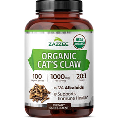 Zazzee Cat's Claw 20:1 extract bottle label highlights organic vegan formula.