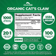 Zazzee Cat's Claw bottle on counter suggests easy daily use.