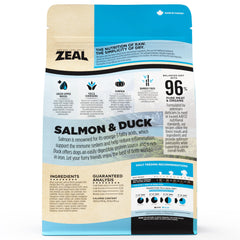ZEAL dual-protein salmon and duck recipe bag label showcasing balanced nutrition.