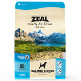 ZEAL Canada air-dried salmon and duck recipe bag highlights balanced nutrition for dogs