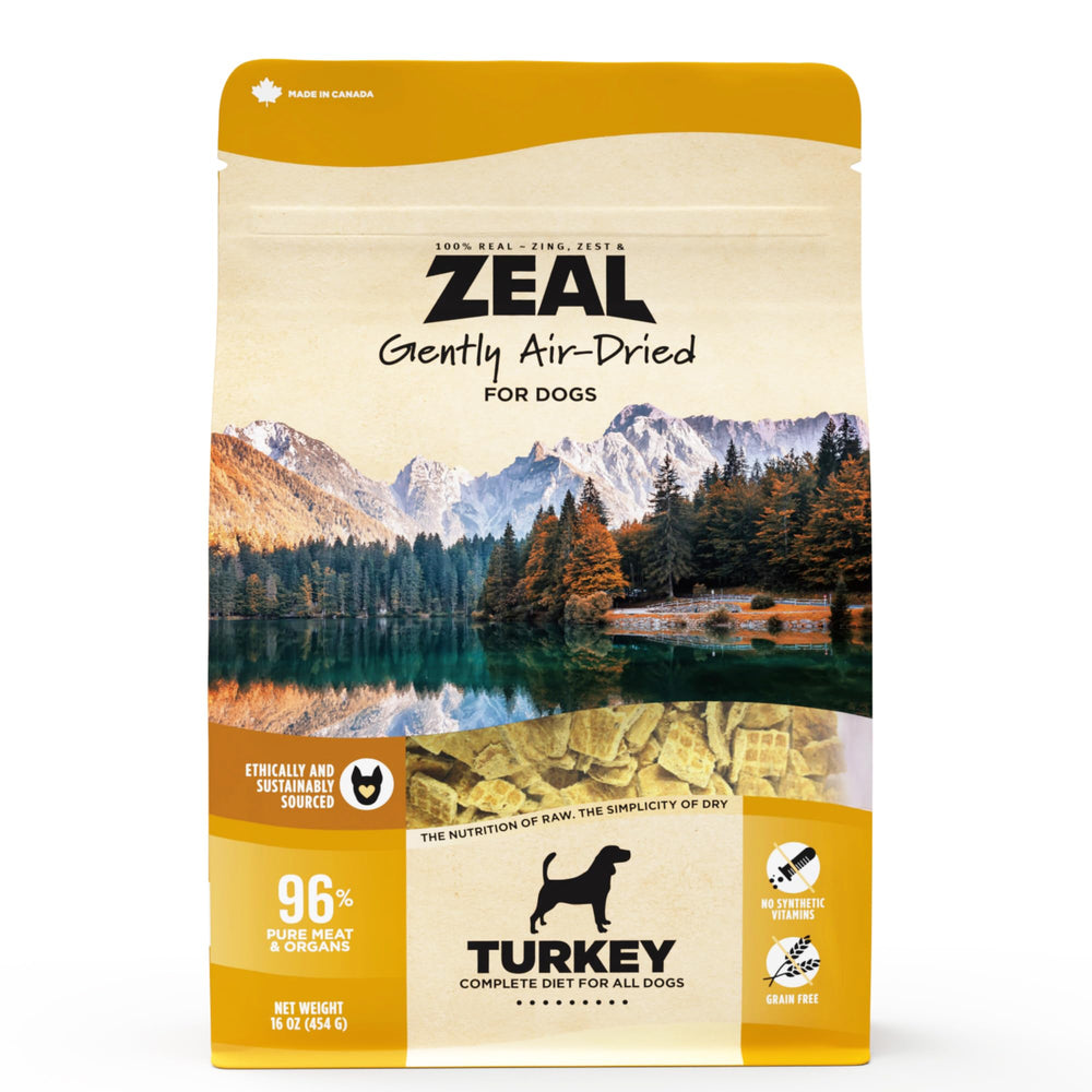 ZEAL Canada Air-Dried Turkey for Dogs with a bowl showing lean protein for active dogs