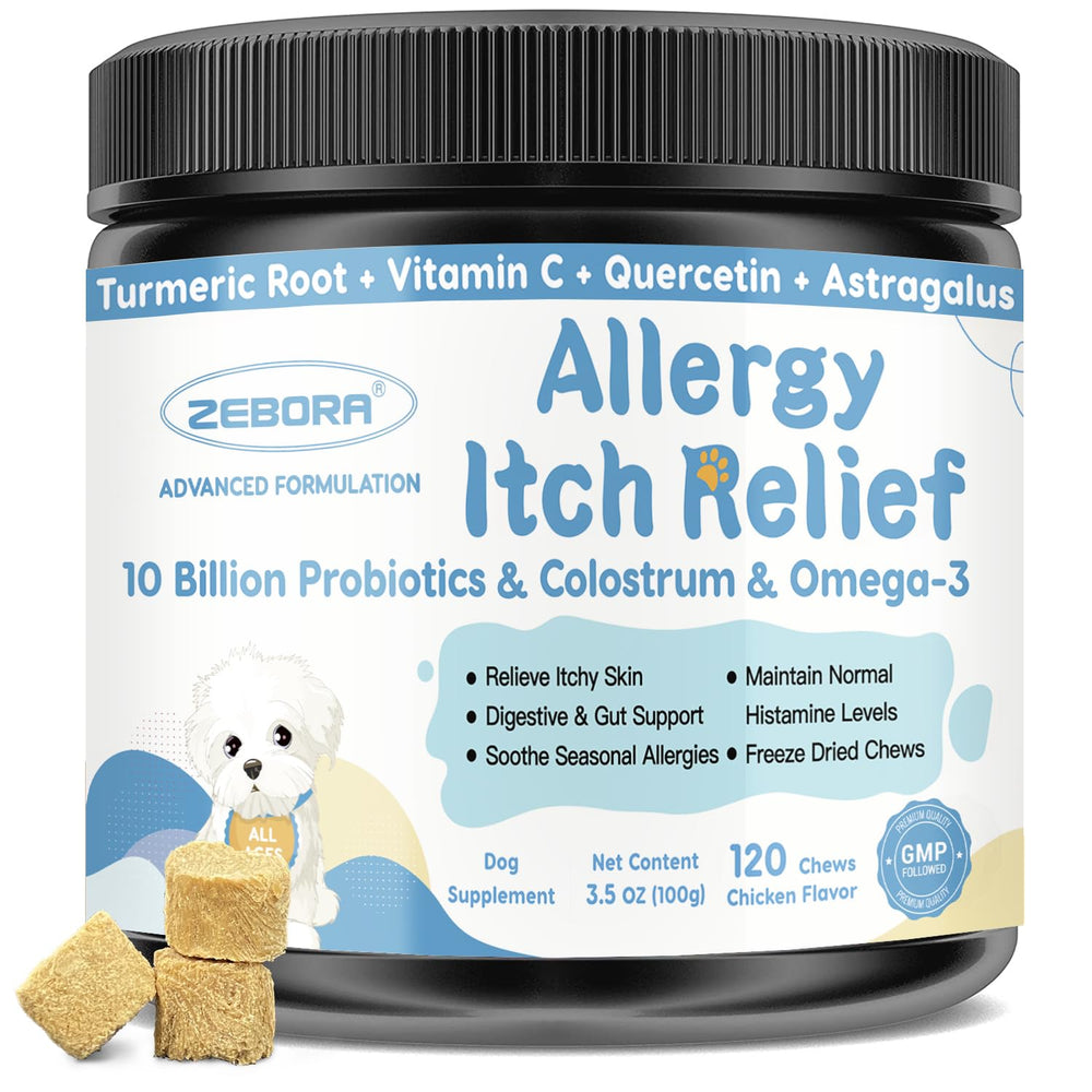 ZEBORA dog allergy relief chews bottle: convenient daily support for skin and immune health.