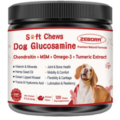 ZEBORA dog joint soft chews bottle supports mobility and comfort.