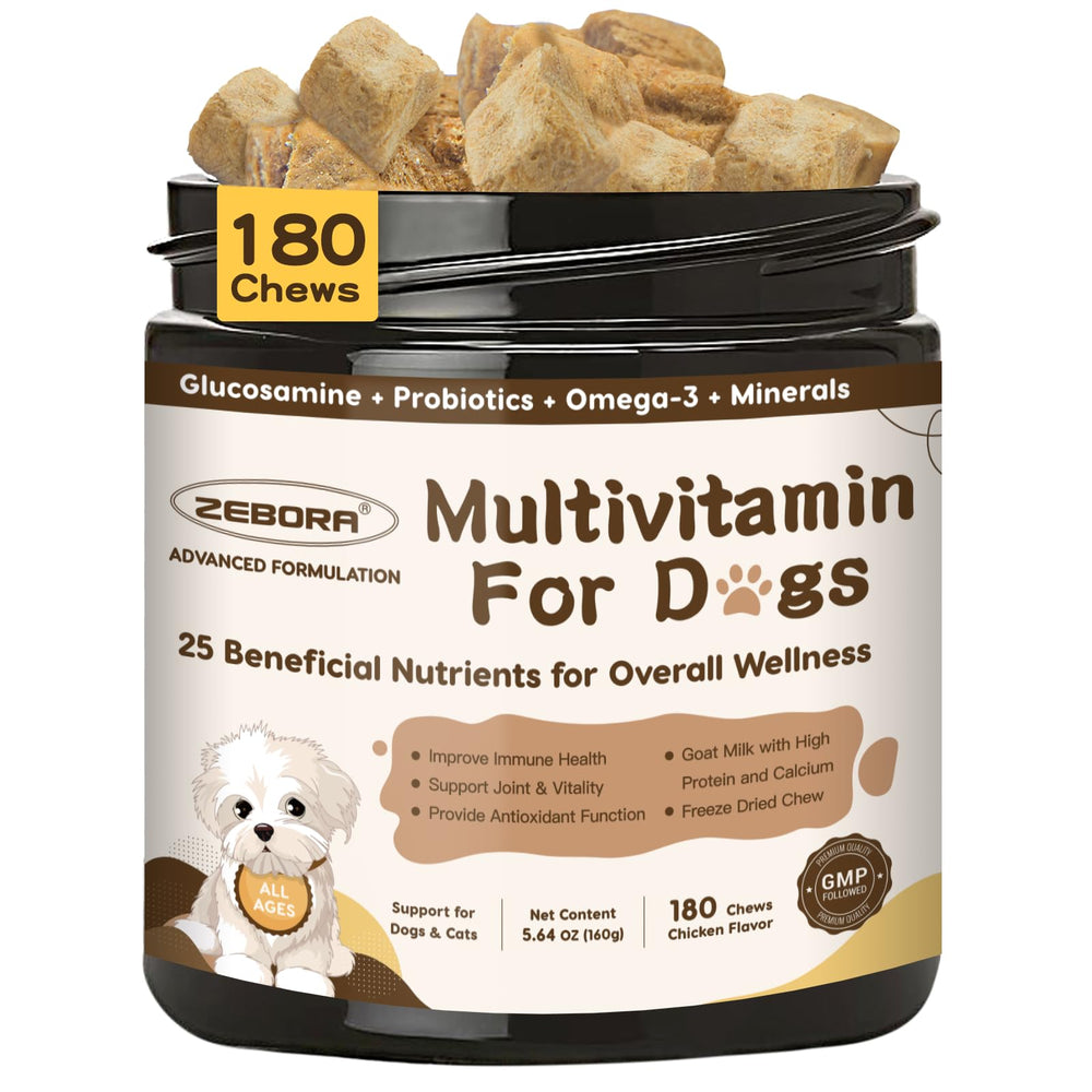 ZEBORA dog multivitamin bottle close-up for canine vitality and balance