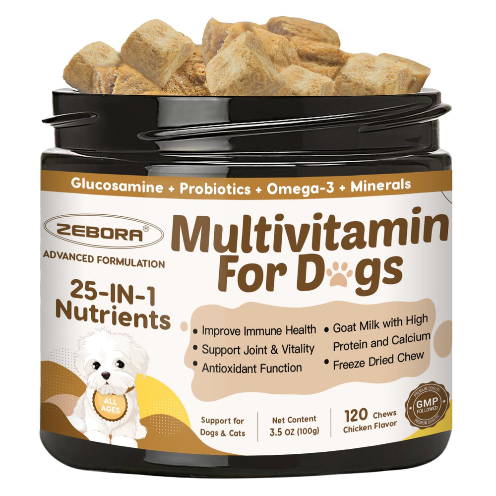 ZEBORA dog multivitamin chews bottle shown for convenient daily supplementation.