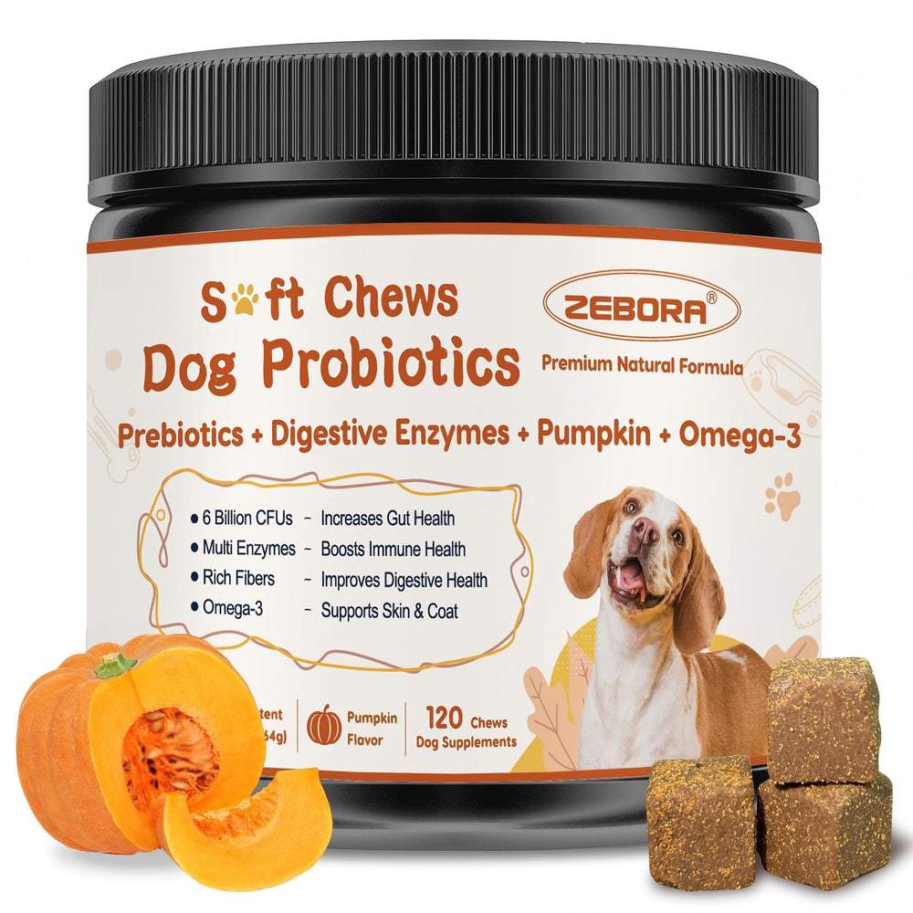 ZEBORA dog probiotics pumpkin chews on package, supporting daily gut balance.