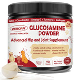 ZEBORA glucosamine bottle for dogs signaling joint support.