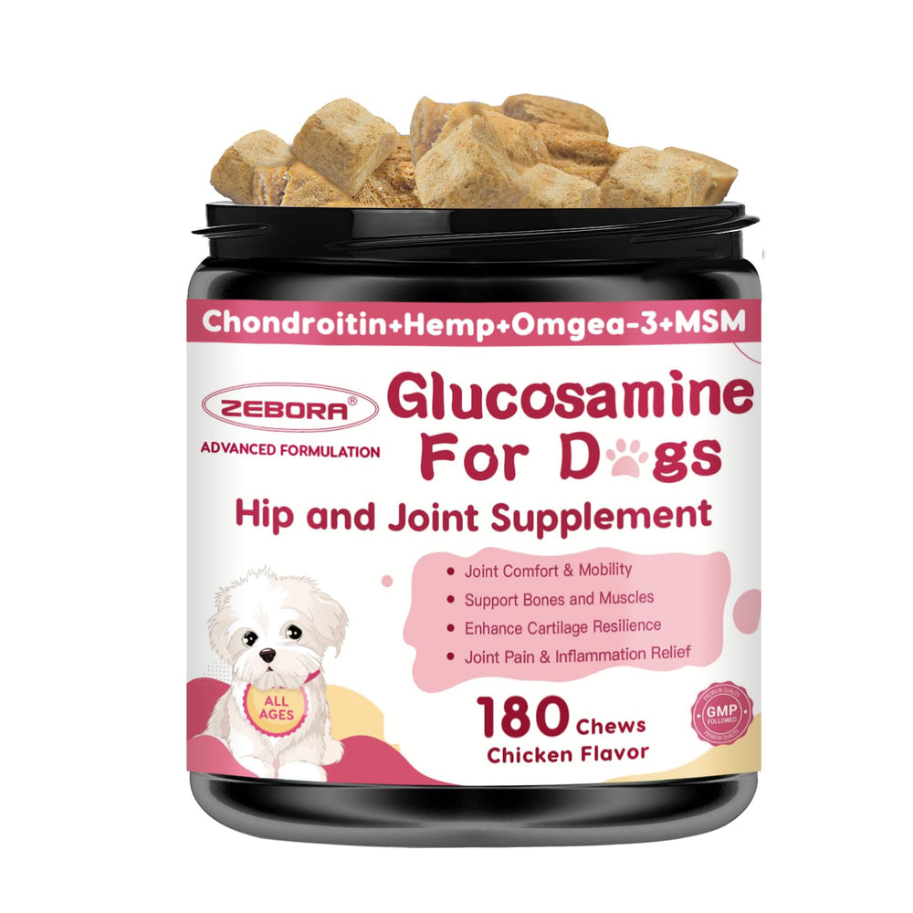 ZEBORA glucosamine for dogs bottle and chews support joint health and mobility.