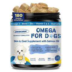 ZEBORA Salmon Oil for Dogs bottle showing omega-3 skin and coat support