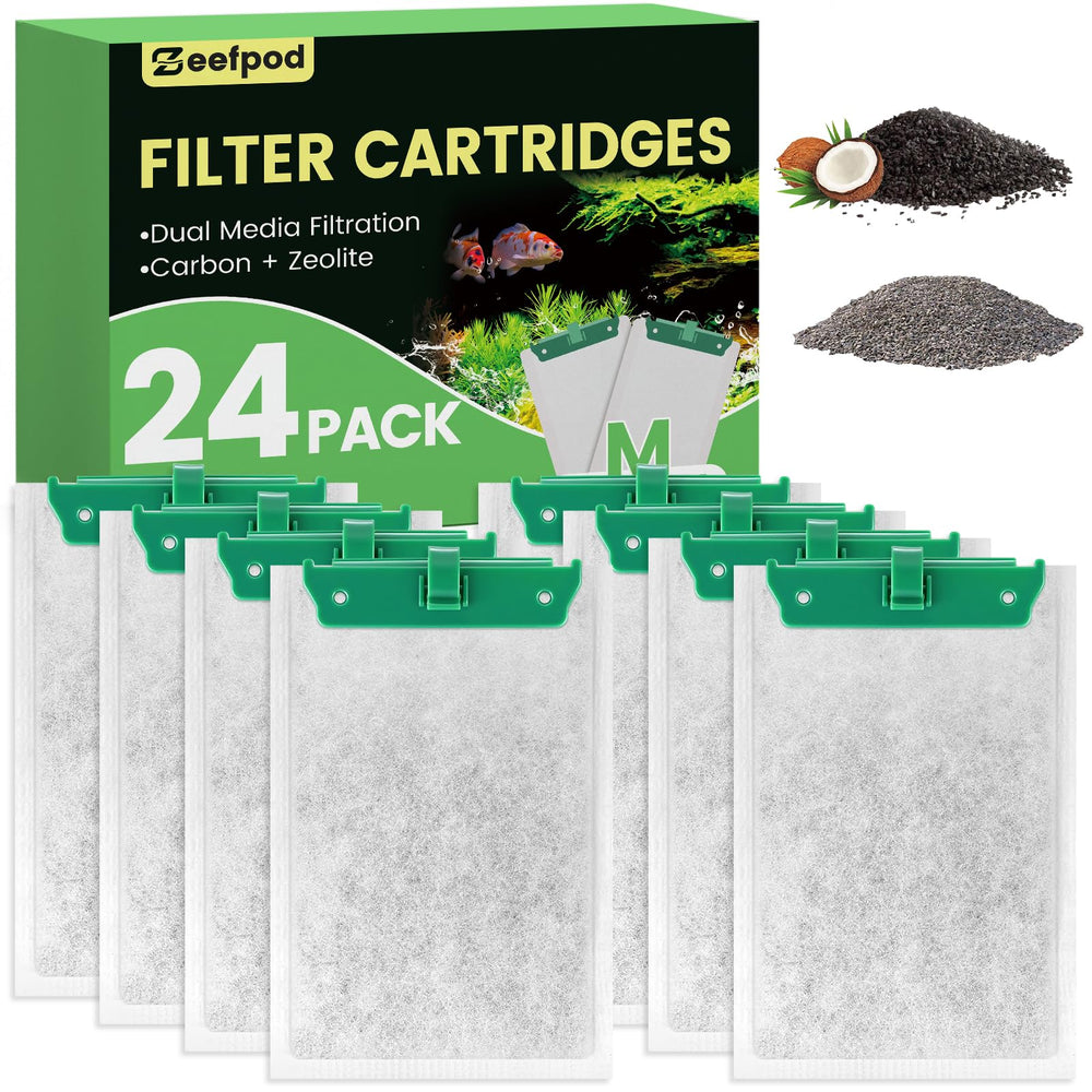 Zeefpod 24-pack packaging shows ready-to-use filters for quick replacement in small aquariums.