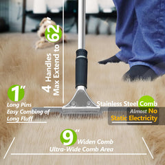 ZEMOZEN Pet Hair Carpet Rake in use on stairs to extract embedded fur without bending