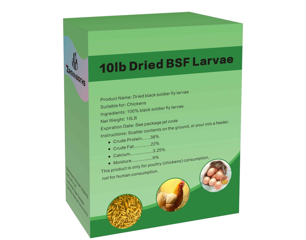ZenithWorks dried BSF larvae packaging box showing a natural, protein-rich poultry snack.