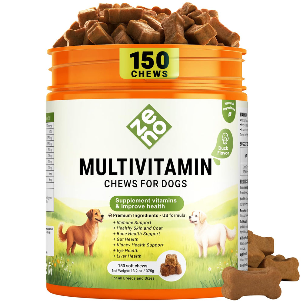 ZENO duck-flavored dog vitamins chews shown in packaging for immune and coat support.