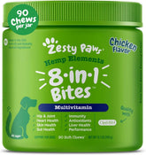 Zesty Paws 8-in-1 Bites bottle displaying packaging for joint and immune support.