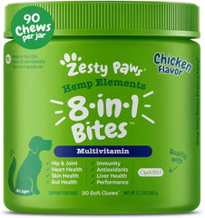 Zesty Paws 8-in-1 Bites bottle displaying packaging for joint and immune support.