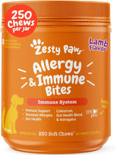 Zesty Paws Allergy Immune Bites bottle front promotes convenient dog probiotic chews.