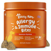 Zesty Paws Allergy Immune Bites packaging on shelf showing convenient dog probiotic benefits