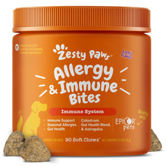 Zesty Paws Allergy Immune Bites packaging on shelf showing convenient dog probiotic benefits