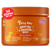 Zesty Paws Allergy Relief Chews bottle showing skin and gut support for dogs.