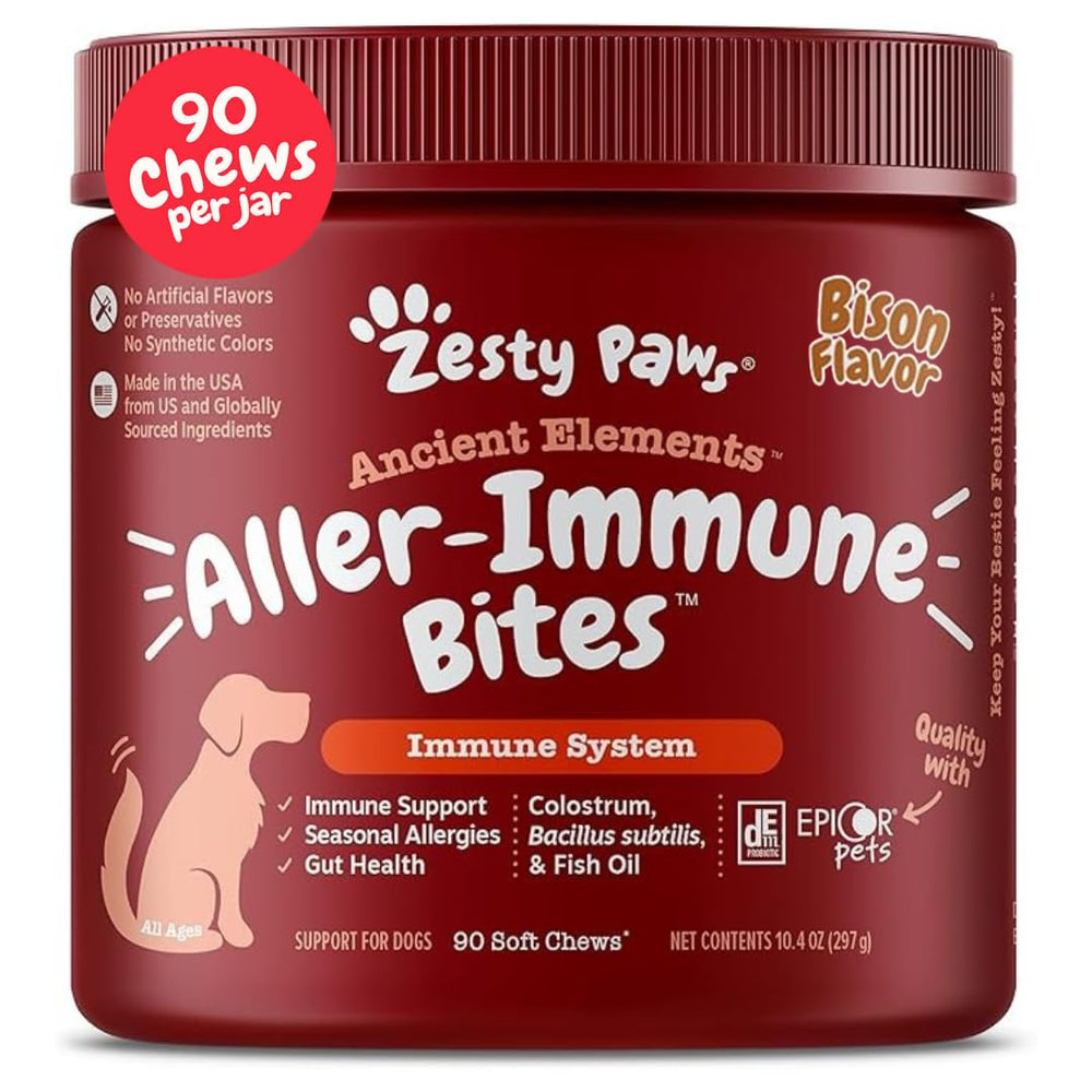 Zesty Paws Ancient Elements allergy bites close-up showing a bison chew and immune support.