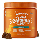 Zesty Paws Calming Chews bottle pour for daily dog stress relief.