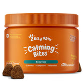 Zesty Paws Calming Chews bottle pour demonstrates easy dosing and daily stress support.