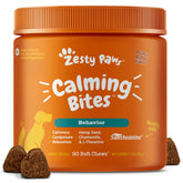 Zesty Paws Calming Chews peanut butter bottle promotes daily relaxation for dogs.