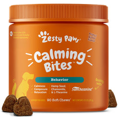 Zesty Paws Calming Chews peanut butter bottle promotes daily relaxation for dogs.