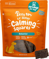 Zesty Paws calming soft chews bottle shows chicken flavor for anxious dogs.