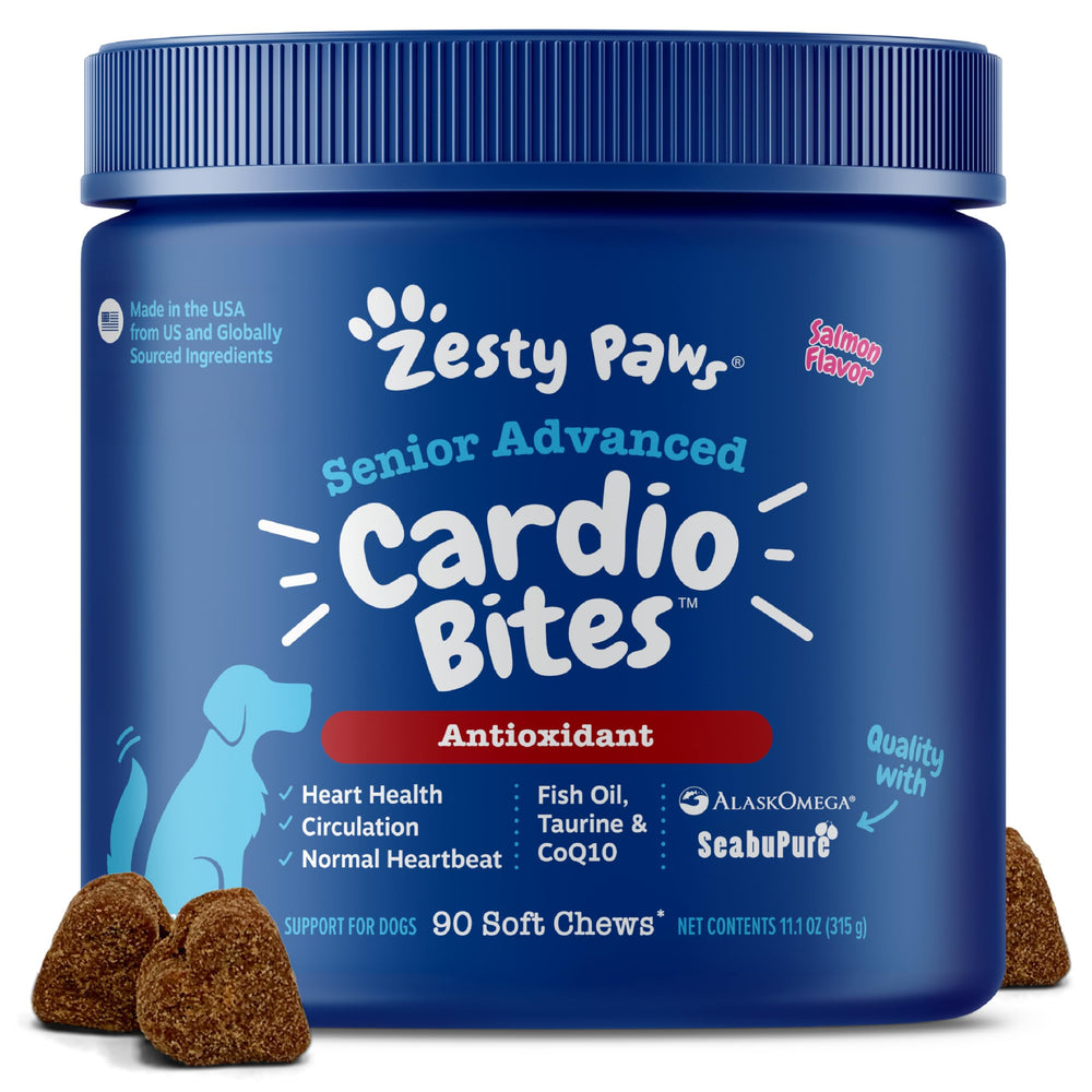Zesty Paws Cardiovascular Support soft chews on the bottle, supporting heart health in senior dogs.