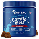 Zesty Paws Cardiovascular Support soft chews on the bottle, supporting heart health in senior dogs.