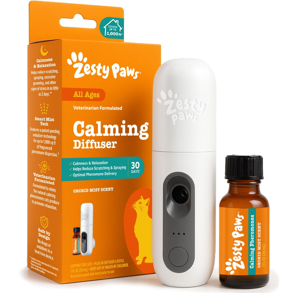 Zesty Paws cat pheromone diffuser starter kit box demonstrates packaging for a calming home