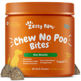 Zesty Paws Chew No Poo Bites bottle cap close-up showing packaging for easy dosing