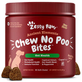 Zesty Paws Chew No Poo Bites bottle front with probiotic gut support.