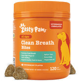 Zesty Paws Clean Breath packaging image shows easy oral care for dogs