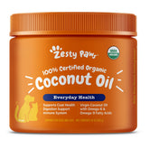 Zesty Paws Coconut Oil for Dogs bottle showing virgin organic formula for daily use.