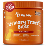 Zesty Paws cranberry dog supplement bottle pouring for urinary support in dogs.