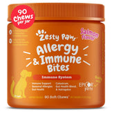Zesty Paws dog allergy relief chews bottle front shows a simple daily dose for seasonal comfort.