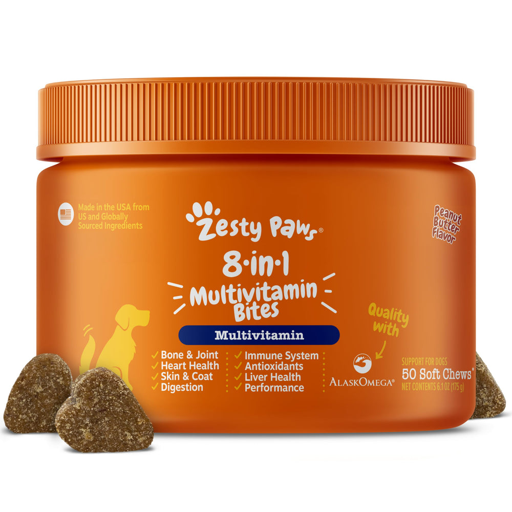 Zesty Paws dog multivitamin bottle close-up highlighting joint support.