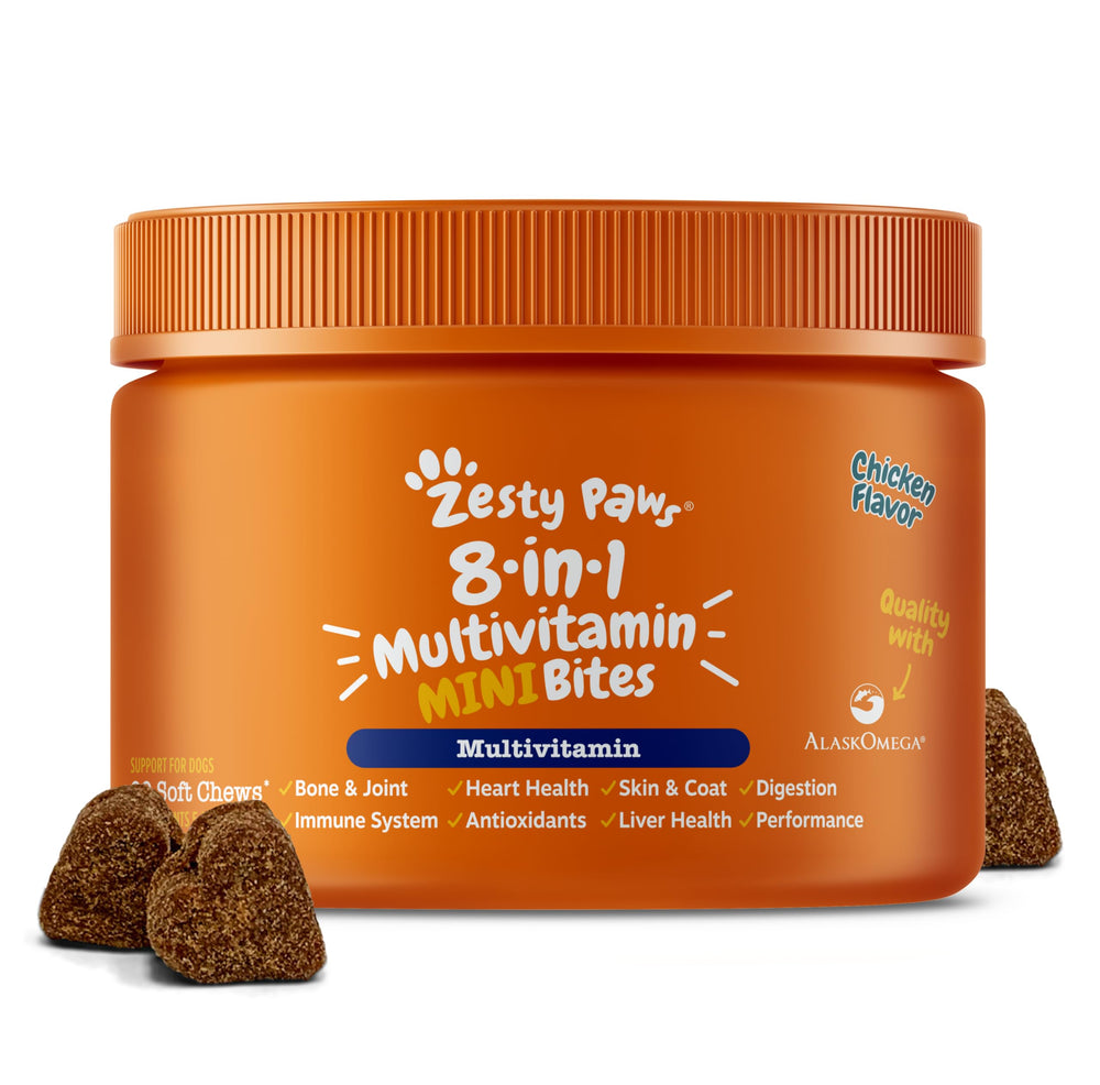Zesty Paws dog multivitamin bottle front highlighting 8-in-1 wellness for dogs.