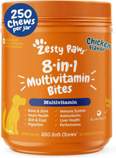 Zesty Paws dog multivitamin bottle pour showing hip and joint support