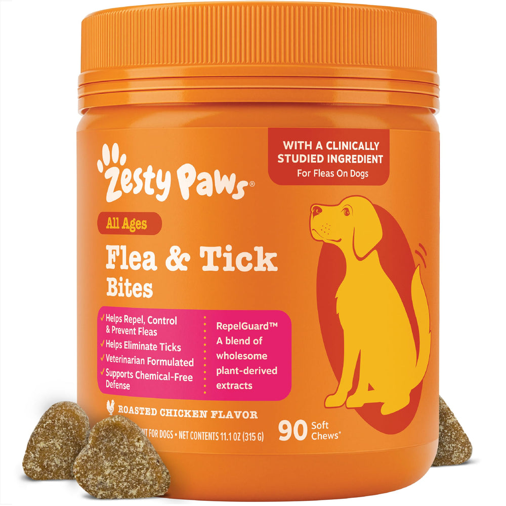 Zesty Paws flea and tick prevention dog chew packaging for daily protection.