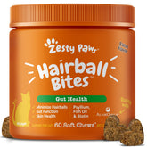 Zesty Paws Hairball Bites packaging front emphasizes hairball support for cats.