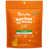 Zesty Paws Hairball Cat Mousse tube close-up shows easy squeeze for quick treats